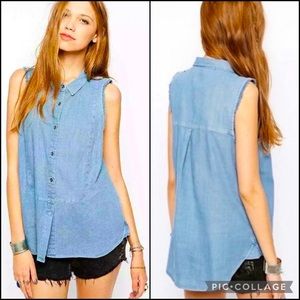 Free People Denim Linen Chambray Frayed Edge Sleeveless Blouse Tank Top Pockets